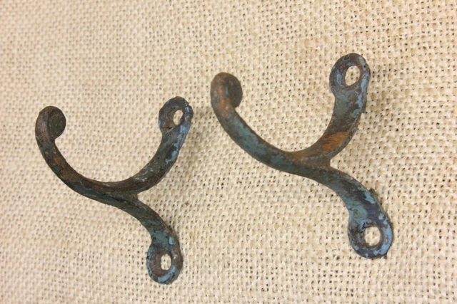2 Old Single Coat Hooks Farm School House Wardrobe Blue Paint Vintage 1850’s  2” 3