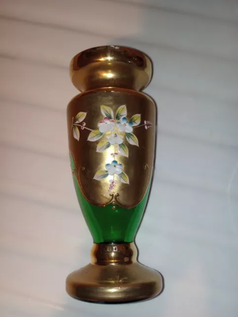 Czech Bohemian Egermann Gold High Enamel Green Crystal Art Glass Vase