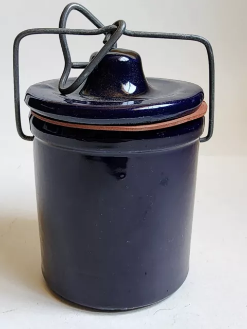 Stoneware Cheese Butter Crock with Lid and Wire Lock Bale Cobalt Blue