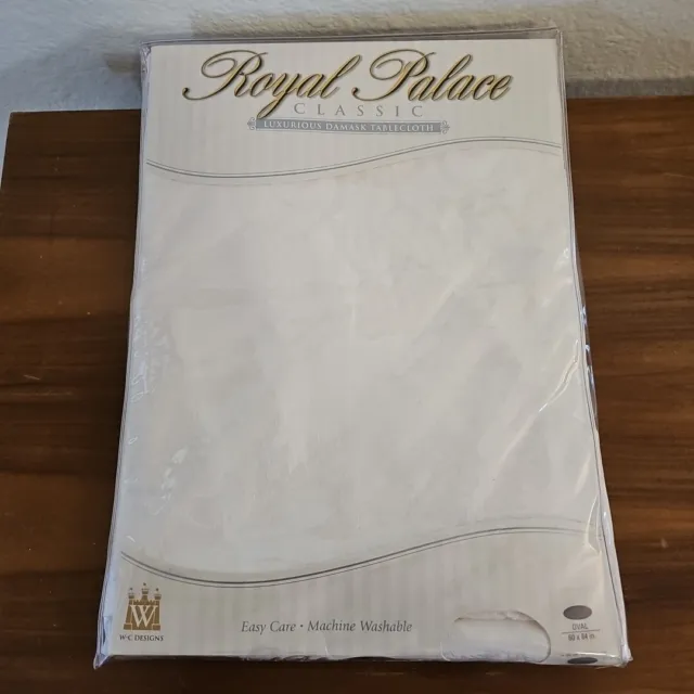 New VTG Royal Palace Damask Luxury Fabric Tablecloth Classic White 60 X 84 In