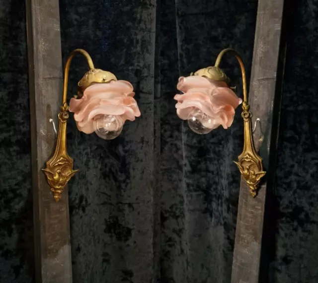 Exquisite Pair of Vintage French Roses & Doves Brass 1 Light Wall Lights Sconces 3