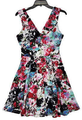 Haute Monde Women Multicolor Floral Sleeveless Fit& Flare Stretch Dress Medium