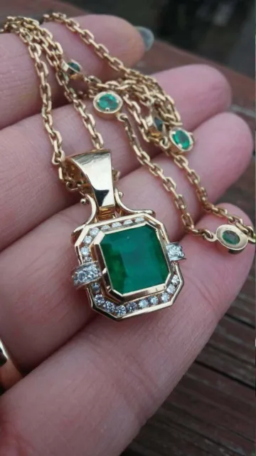 14K Yellow Gold Finish 18" Chain 2.70Ct Asscher Cut Emerald Diamond Halo Pendant