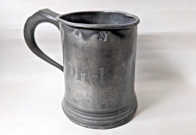 Antique Victorian 19th Century Pewter Pint Mug Tankard Birmingham D H-J monogram