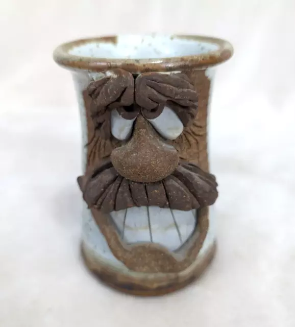 Vintage Ugly Funny 3D Face Mug Cup Stoneware Pottery Mustache Folk Art Handmade