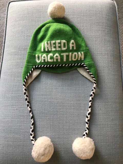 KATE SPADE " I Need a Vacation " Green Wool Knit Hat Ear Flaps Pom Poms Lined
