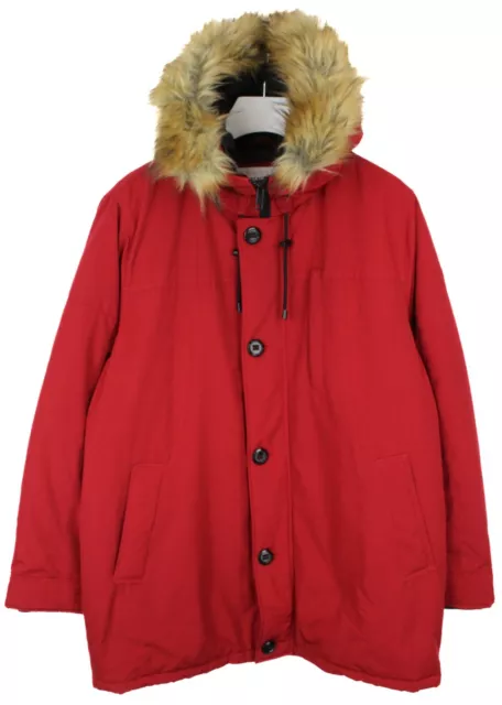 Guess Giacca Uomo UK 44 Pelliccia Imbottito con Cappuccio Logo Rosso Medio Lungo
