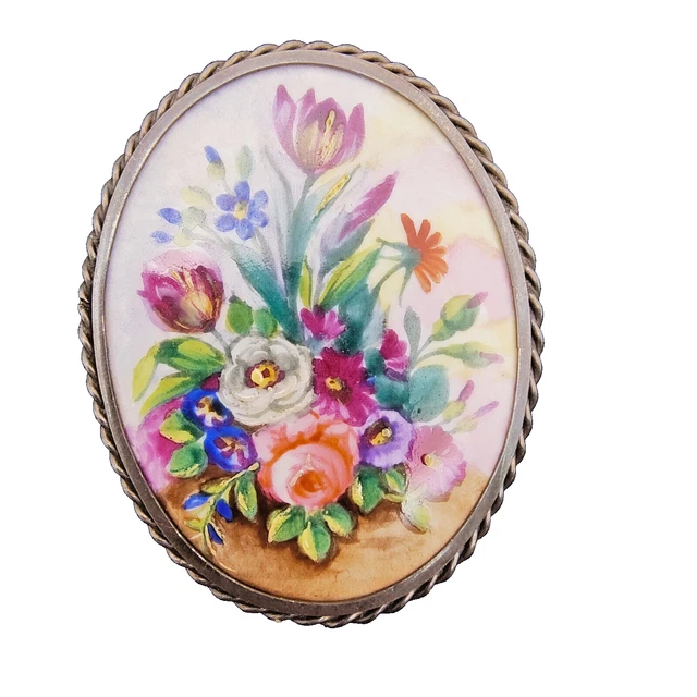 Broche Ancienne Ovale En Porcelaine De Limoges - Bouquet De Fleurs Peint Main, Occasion