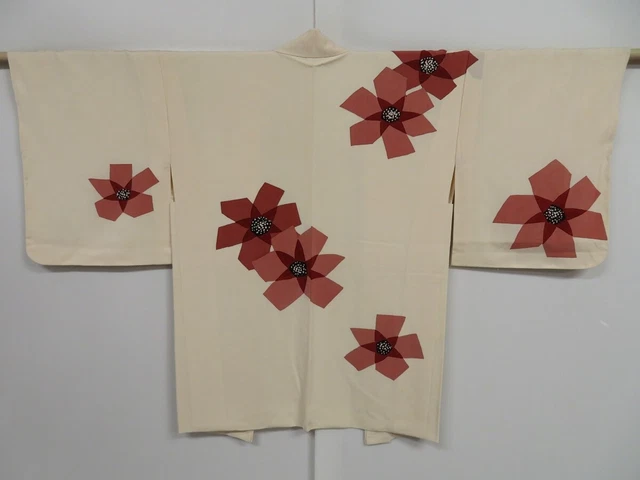 0821i01z560 Vintage Japanese Kimono Silk HAORI Off-white Flower