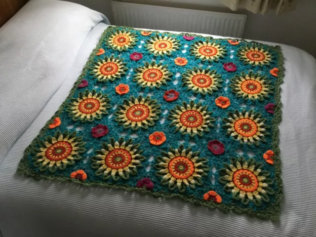 Pretty hand-made crochet 'flower garden' square blanket/throw