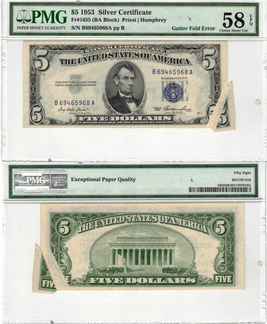 US 1953 $5 Silver Certificate Gutter Fold Error FR 1655 (BA BLOCK) PMG 58 EPQ