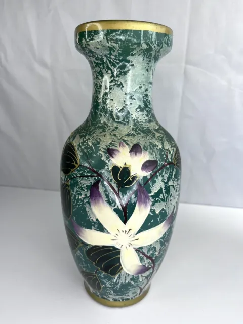 Vintage Japanese Hand Painted porcelain textured Vase Large Floral Green 31cm