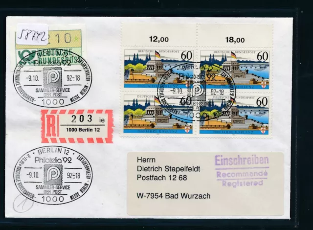 58742) Reco-Brf mit RZ 1000 Berlin 12 ie, SST Philatelia 1992