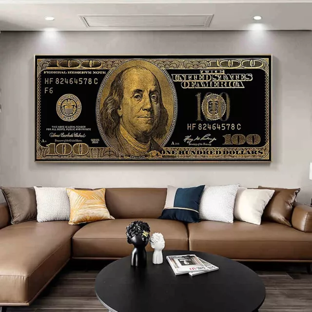 Panoramic Canvas Print of Black and Gold 100 Dollar Bill Money Art Home Decor