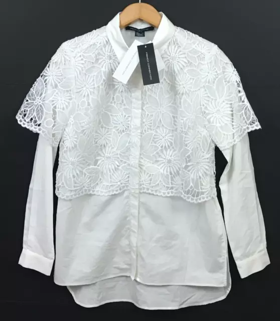 NWT French Connection White Layered Long Sleeve Button Up Shirt Lace Overlay 4