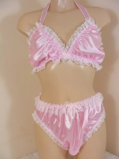 SISSY SILKY PINK satin bra panties set underwear top mens lingerie knickers  £32.50 - PicClick UK