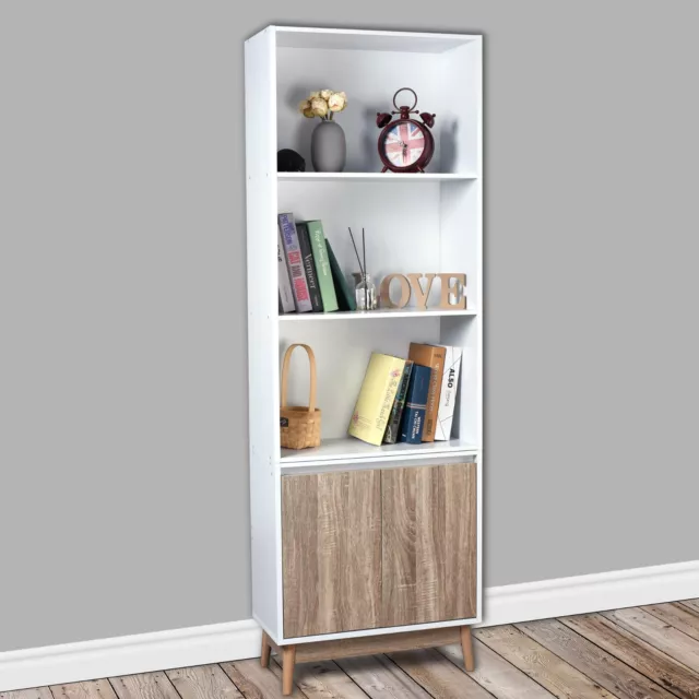 5 Tier Bookcase With 2 Door Cupboard Cabinet Storage Shelving Display Wood Shelf