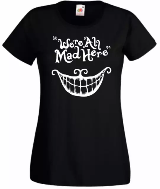 we're all mad here Alice in wonderland inspired top women ladies size 8-20 black