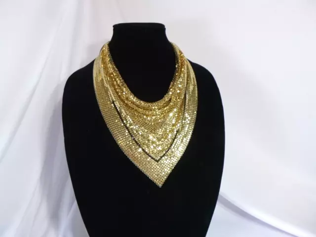 Vintage Whiting And Davis Gold Chainmail Mesh Bib Necklace Adjustable