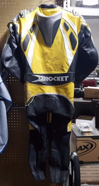 Vintage JOE ROCKET 1 piece Leather race suit, Owned and Signed by Steve Crevier