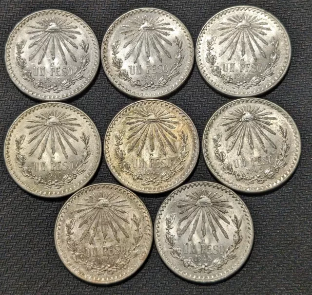 Mixed Dates Mexico Silver 1 Peso AU/Unc Bright Lot Of 8