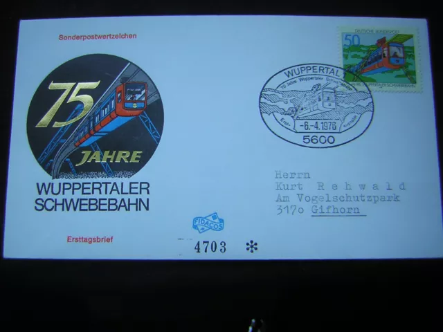 Wuppertaler Schwebebahn 75 Jahre Ersttagsbrief 1976 mit Sonderstempel