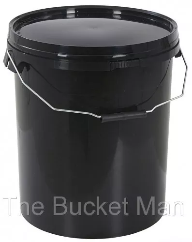 2 x 25 Ltr Litre Black Plastic Bucket Container w Lid and Metal Handle FoodSafe