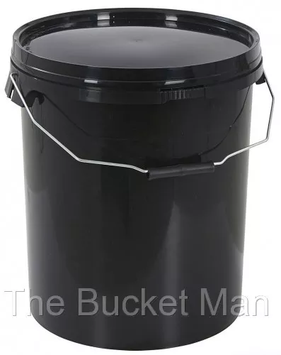 25 L Ltr Litre Black Plastic Bucket Container with Lid and Metal Handle FoodSafe