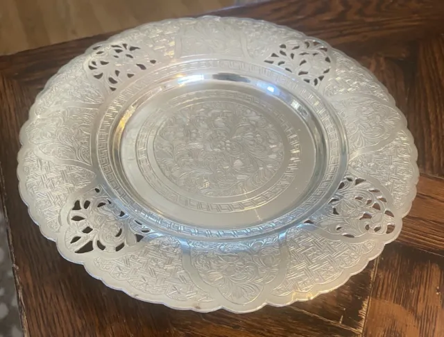 Vintage Middle Eastern PERSIAN 875 Silver Hand Engraved Footed Serving PLATE art