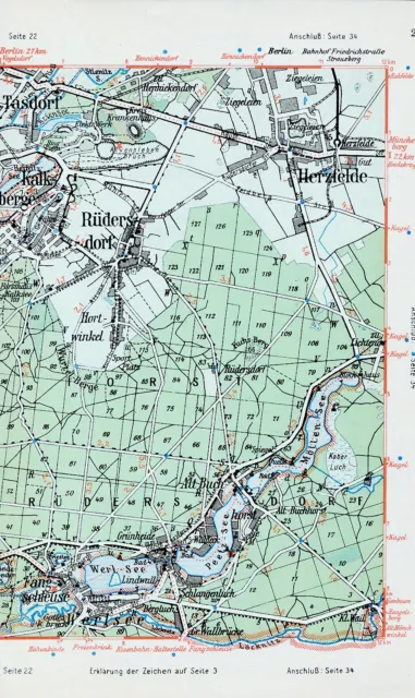 Rüdersdorf Fangschleuse Herzfelde 1930 kl. orig. Stadtplan/Karte Prieros Motzen