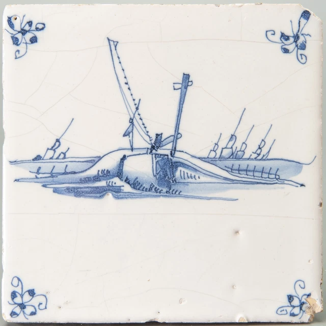 Nice Dutch Delft Blue tile, sailboats, late 17th century.