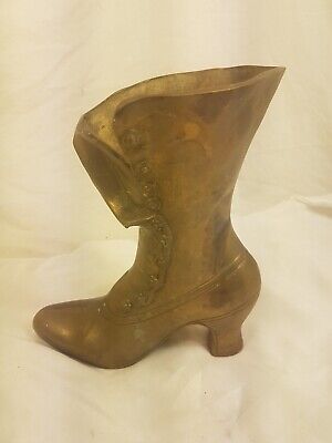 Brass Cast Victorian Ladies Boot Vase Decorative Sculpture Vintage Shoe 2.8lb