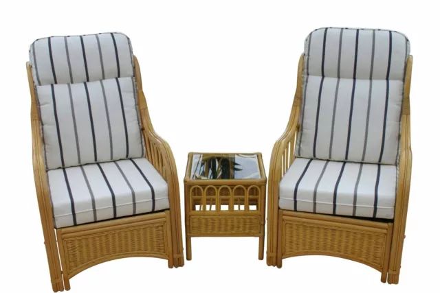 Sorrento Cane Conservatory Furniture Duo Set-2 Chairs+Side Table-Striped Cushion