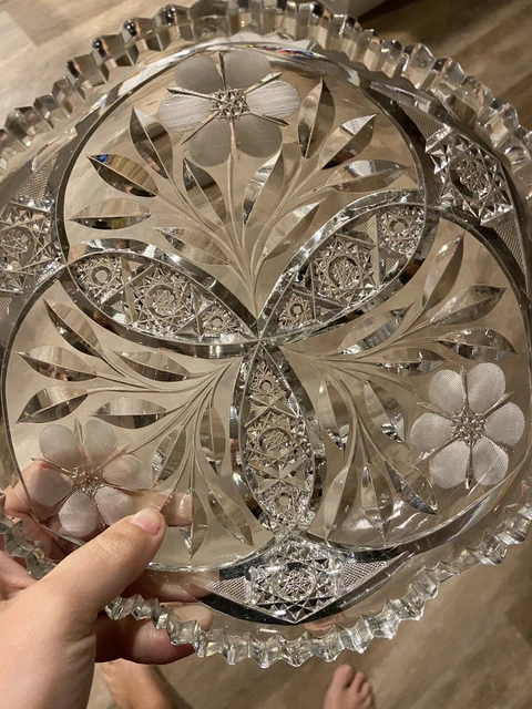 Vintage Lead Crystal Cut Glass Bowl W/ Floral & Argyle Pattern + Sawtooth Edge