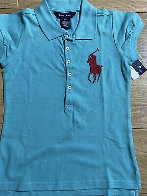 Girls Ralph Lauren Polo Beaded Big Pony T shirt Cyan Blue Size 7 BNWT