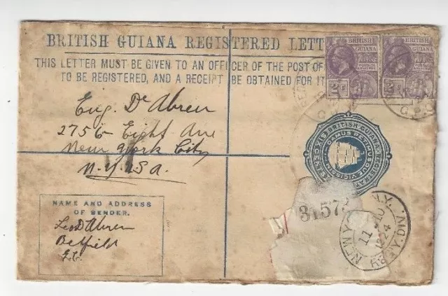 1924 Belfield British Guiana Uprated KGV Registry Entire to New York