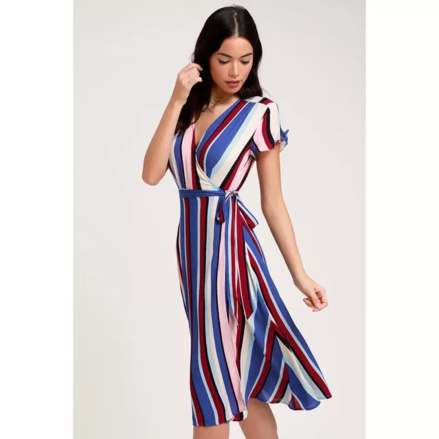 NWT Womens Size Small Lulu's Gesselie Blue Multi Stripe Midi Wrap Dress