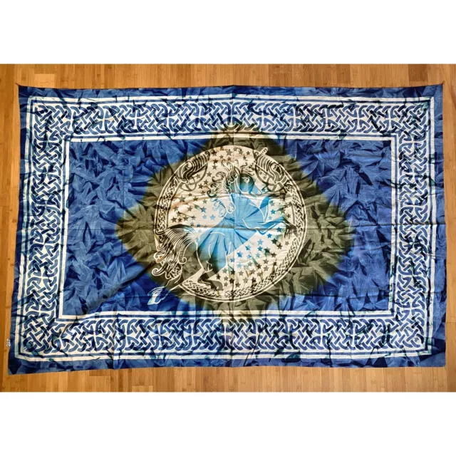 Celtic Unicorn Horse Tie Dye Wall Bed Tapestry 100% Cotton Blue Green