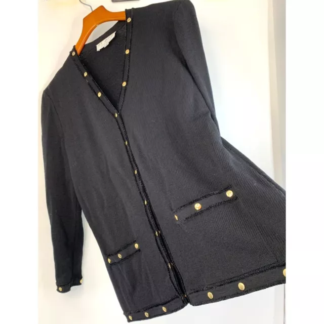 St John Collection Marie Gray Size M Black Cardigan Blazer Knit Gold Stud 6706