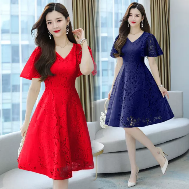 Femme Col V Dentelle Robe Évasé Tunique Manches Courtes Swing Midi Vacances Été