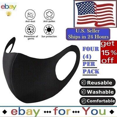 4 Pcs Black Face Mask Stretch Thin Cover Mouth  Washable Reusable Unisex Sealed