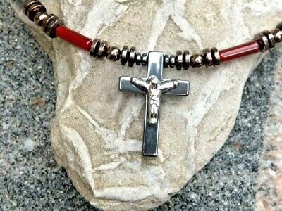 Black n Copper HOLY Jesus on CROSS MAGNETIC Hematite Necklace Dark Carnelian