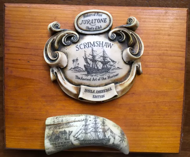 Juratone Scrimshaw Resin Reproduction Tooth & Plaque Display Piece Used