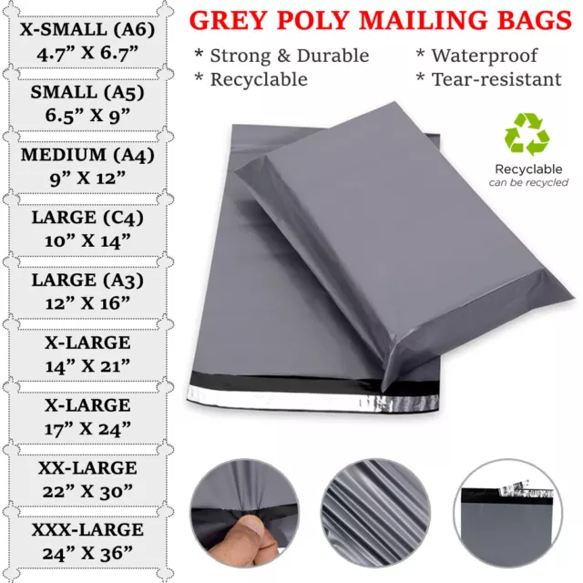 Grey Mailing Postage Bags Mixed Sizes Large Strong Poly Self Seal Plastic Postal