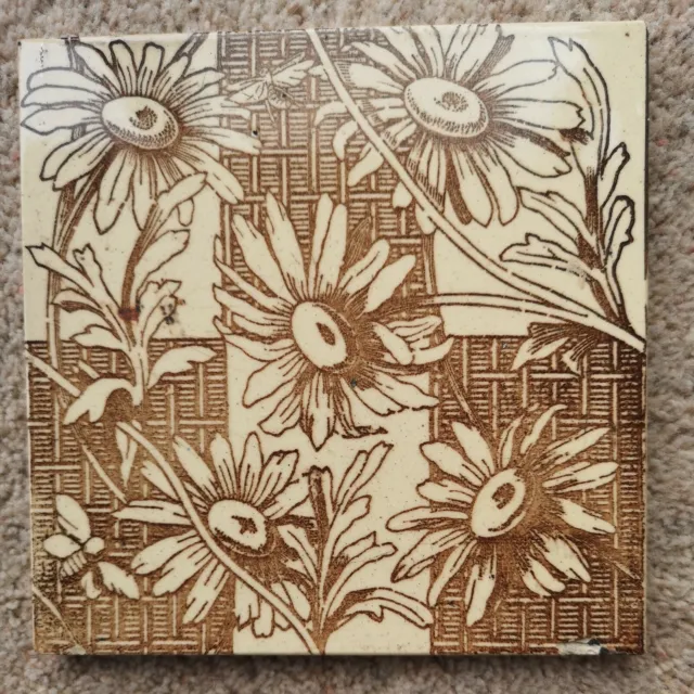 Antique Victorian Sunflower Design Brown & Cream Tile