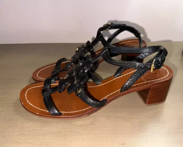 TORY BURCH Chandler Block heel sandals sz 8 M Black pebbled leather $298 3