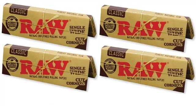 4X PACKS/ 50 LEAVES EACH RAW single wide classic CUT CORNERS rolling papers