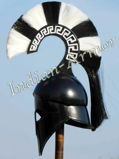 Viking Spartan Corinthian Helmet Armor Knight W/Long Black & White Plume