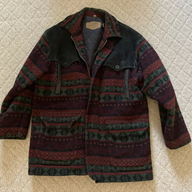 Vintage Woolrich Aztec Leather Wool Barn Chore Saddle Navajo Blanket Jacket L