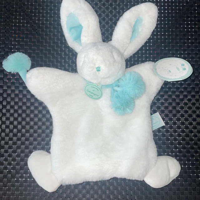 Doudou Et Compagnie Marionnette Lapin Pompon Blanc Bleu 32 Cm Neuf